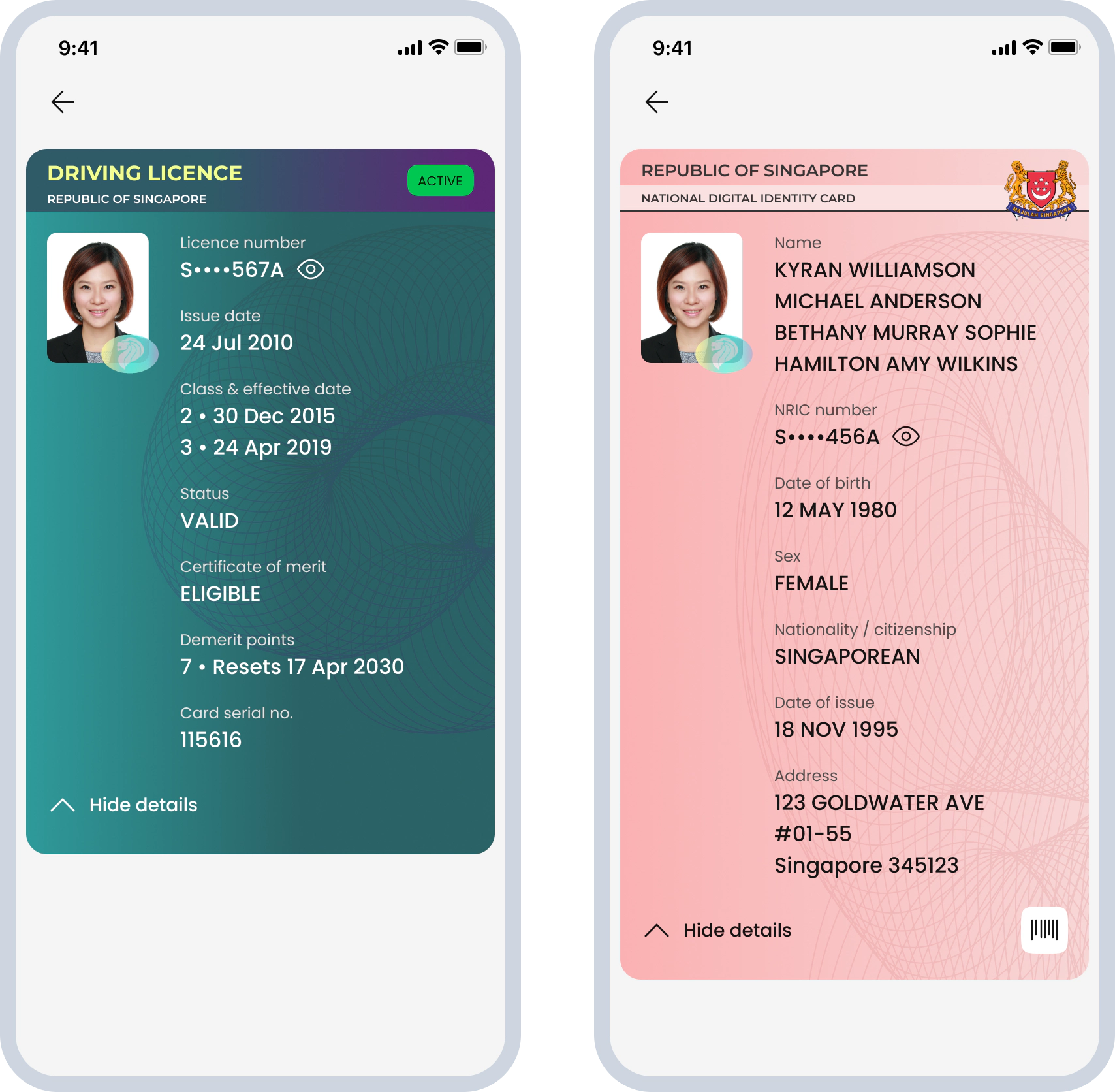 Image showing two screens, driving license and NRIC, with no repeated information between them.